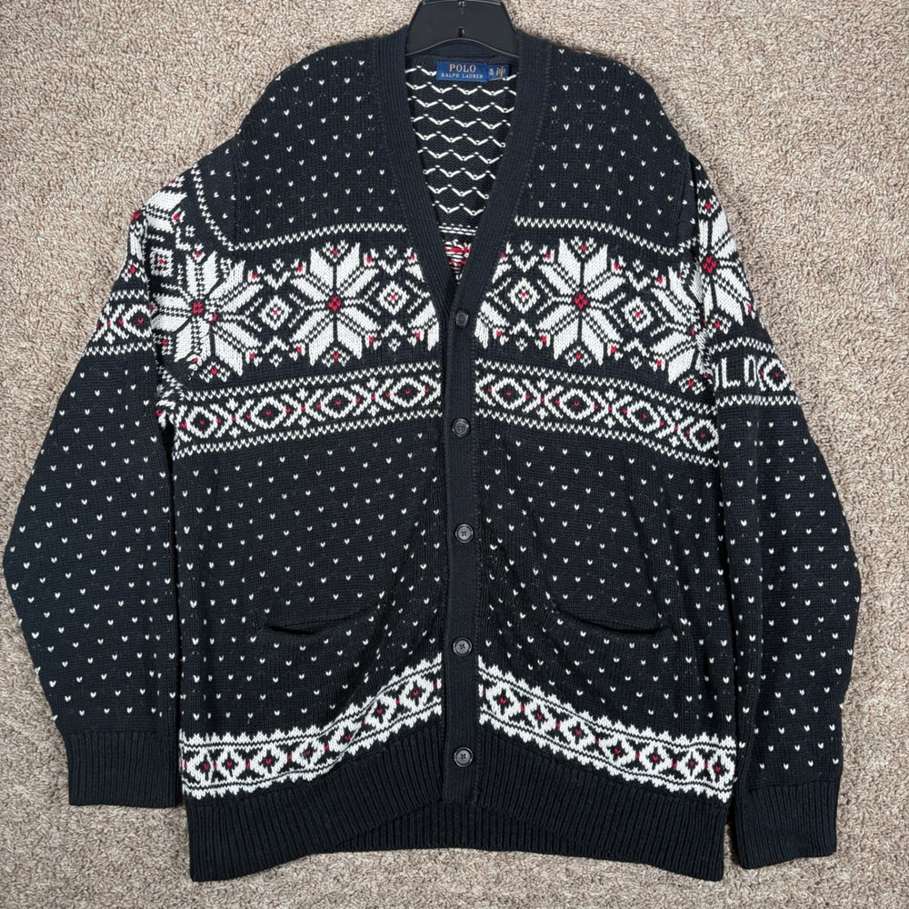 Polo Ralph Lauren Mens XL Black Cashmere Blend Fair Isle Snowflake Cardigan
